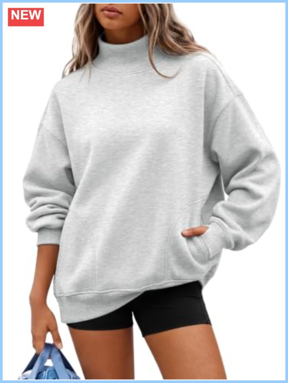Oversized Mock Neck Fleece Lined Pullover Sweatshirt Thumbhole Cuffs